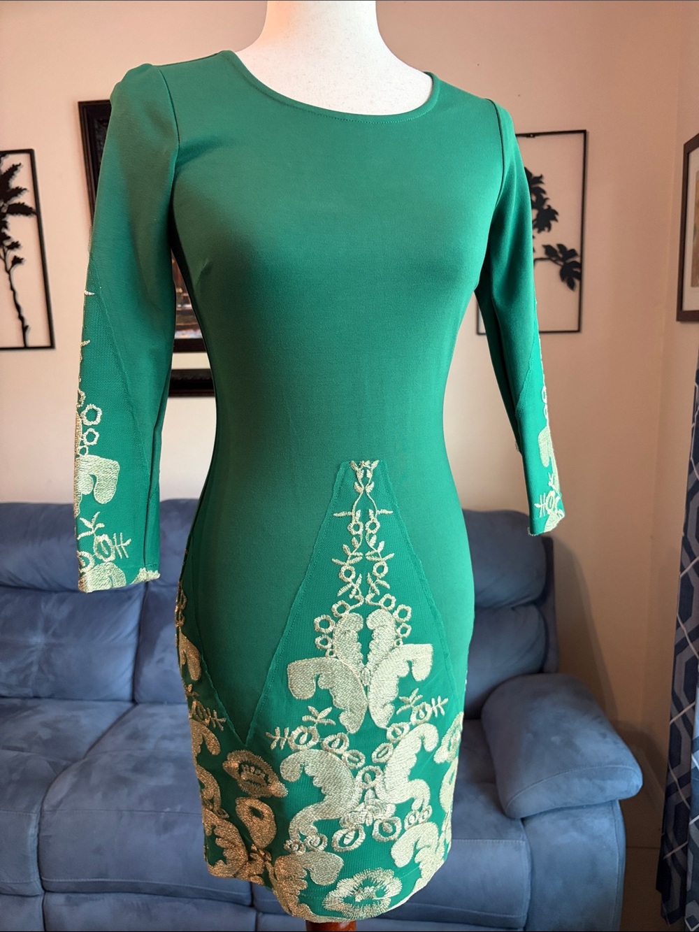 Gianni Bini Emerald Green Mini Dress with Gold Embroidery